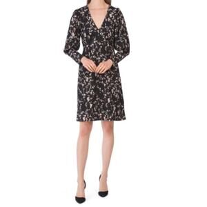 Emma & Michele Black and Cream Floral Puff Sleeve V-Neck Mini Dress S M